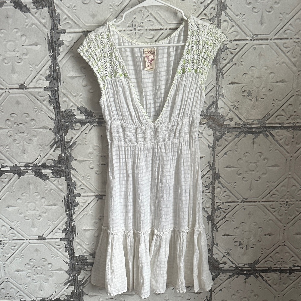 Free People Y2K White and Green Textured vneck Dress
